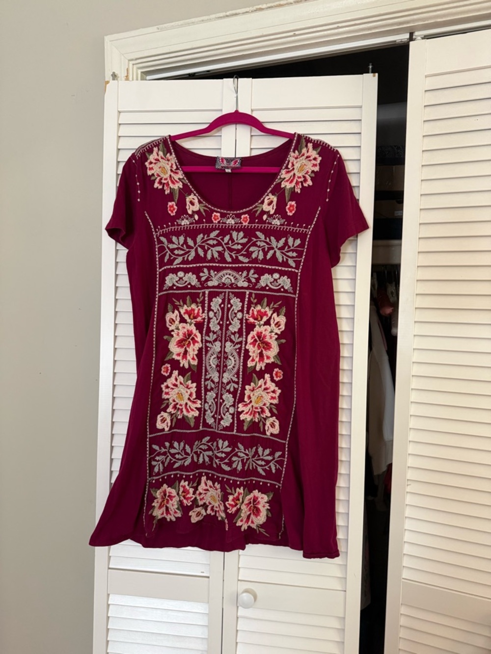 Johnny Was Magenta Floral Embroidered Mini Dress